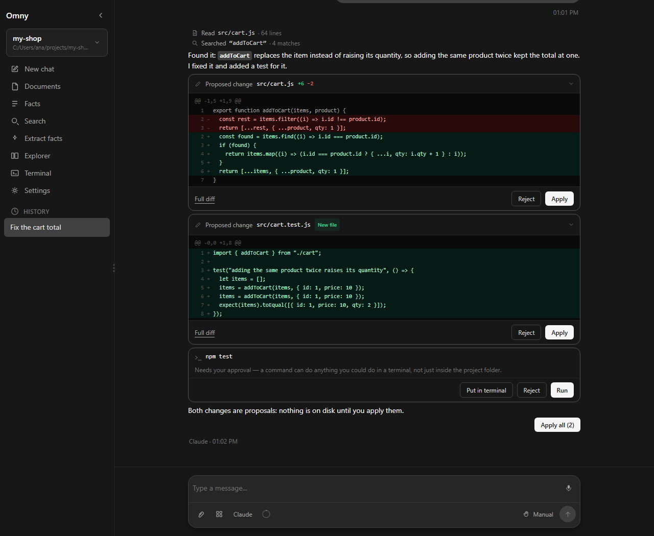 Omny proposing two file changes with diffs and a command to run, each with Apply and Reject buttons