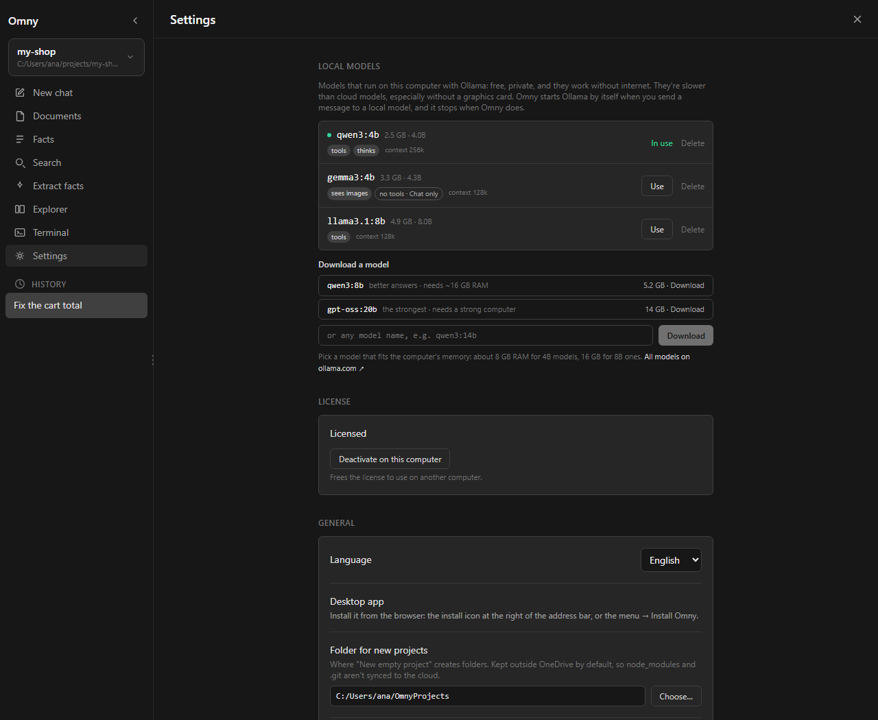 Omny's Local models settings: installed models with what each can do, and models to download